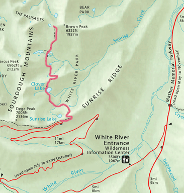 Trail route from Sunrise Ridge, White river entrance, to Palisades Lakes/ NE.