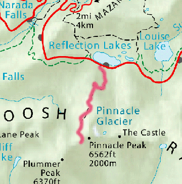 Trail route from Reflection Lakes, Stevens Canyon, to Pinnacle Peak.