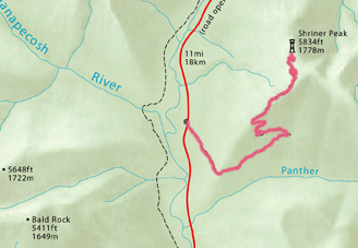 Trail route from Highway 123 near the Ohanapecosh River to Shriner Peak.