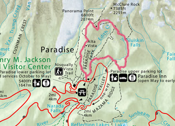 Trail route of the Skyline Trail beginning at Paradise.