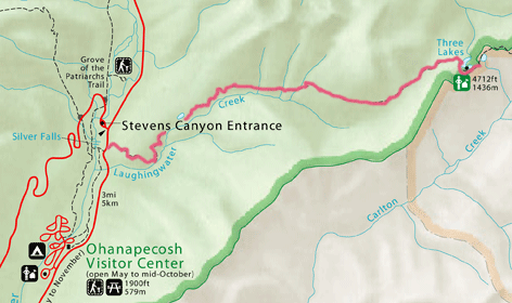 Trail route from Highway 123 near Stevens Canyon entrance to Three Lakes/ SE.