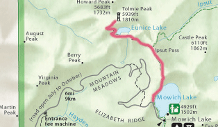 Trail route from Mowich Lake to Tolmie Peak / NW.