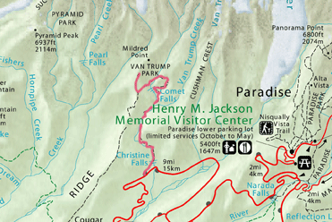 Trail route from Nisqually Road near Christine Falls to Van Trump Park/ SW.