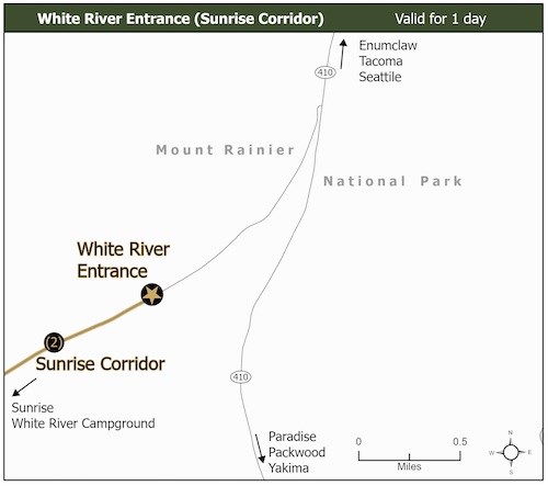 Simplified map of the northeast entrance of Mount Rainier showing the White River Entrance along SR410 with the Sunrise Corridor highlighted in gold west of the entrance.