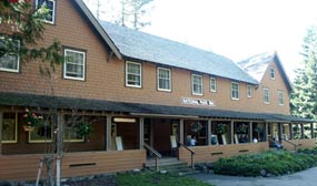 The National Park Inn, at Longmire, is a wooden building with a full-length porch. The National Park Inn, at Longmire, is a wooden building with a full-length porch.