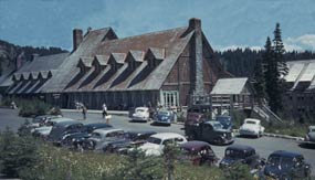 Photographed in 1941, the Paradise Inn sits behind a busy parking area. Photographed in 1941, the Paradise Inn sits behind a busy parking area.