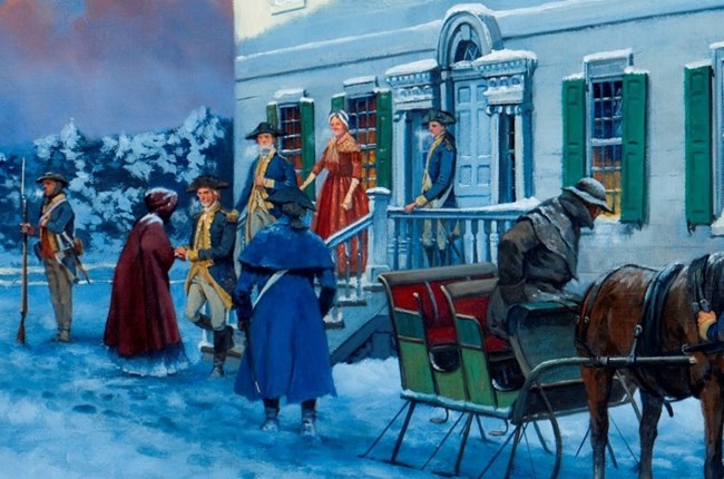 A close up of the Rocco painting. Martha Washington, in a red cloak that obscures her, is received at the foot of the stairs leading to the mansion's front door by her husband in military uniform, flanked by army officers, while Mrs. Ford watches.
