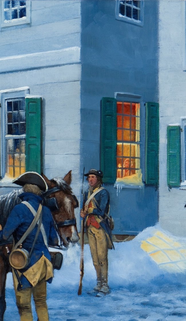 Close up of the Rocco painting, focusing on a glowing window on the first floor. A young girl, presumably Elizabeth Ford, is visible inside. Army men stand watch and hold a horse in the snow outside.