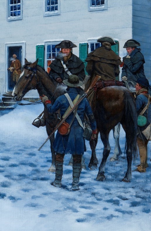 Close up of the Rocco painting. Soldiers on horseback and on foot in the snow converse with each other, with the Ford Mansion visible in the background.