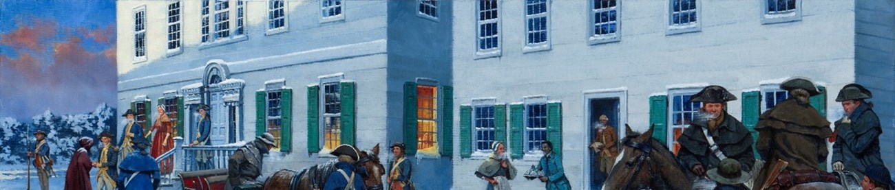A cropped look at the Rocco painting, focusing on the Ford Mansion itself, its windows, and the lights within.