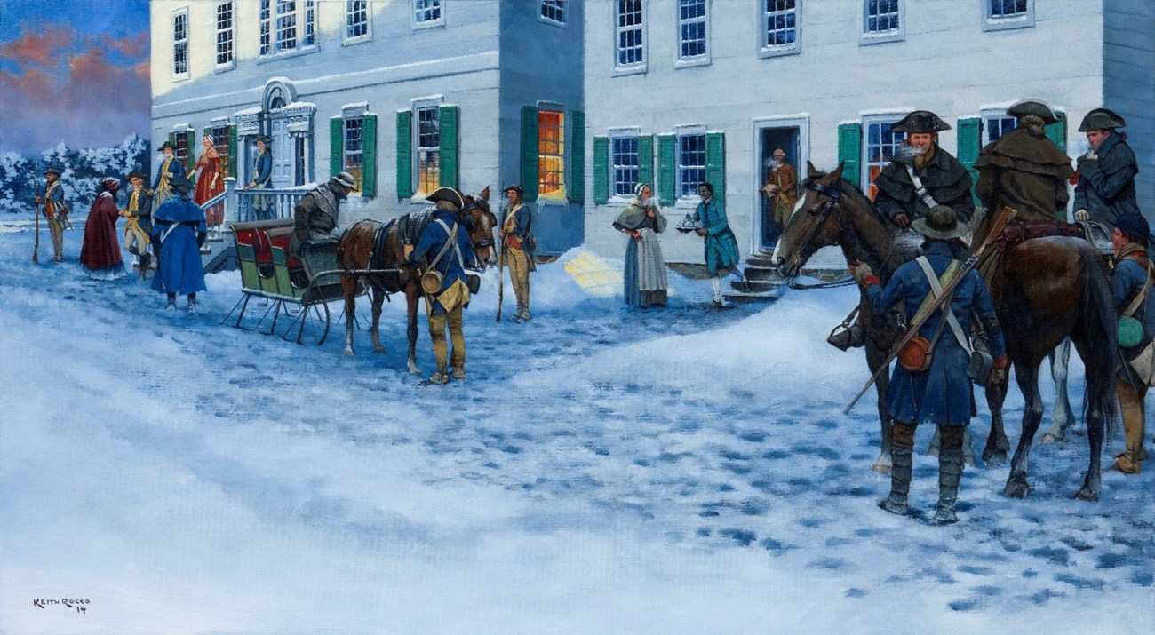 A painted imagined scene of Martha Washington arriving at the Ford Mansion in winter, with soldiers, General Washington, and others in the house reacting to her arrival.