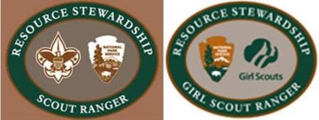 Two oval shaped patches, one for boy scouts and the other for girl scouts, with the NPS arrowhead in the center along with the scouts logos.