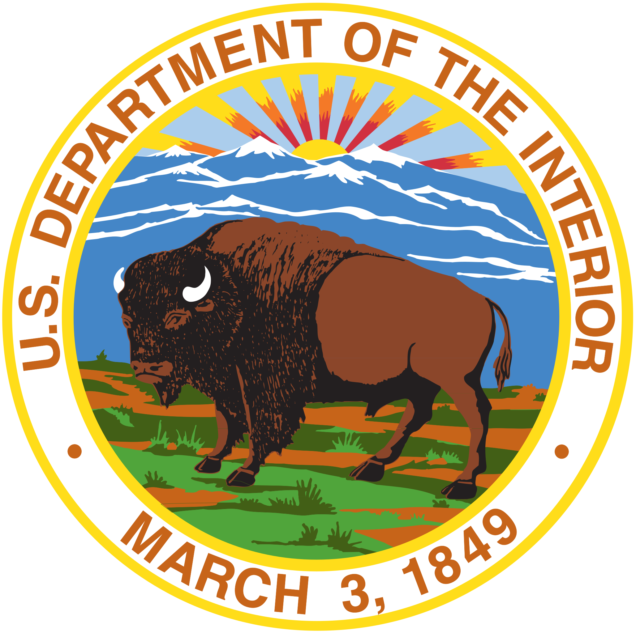 Circular seal with the words U.S. Department of the Interior across the top and March 3, 1849. across the bottom.  A bull bison stands on a prairie in the center looking left with mountains and a rising sun in the background.