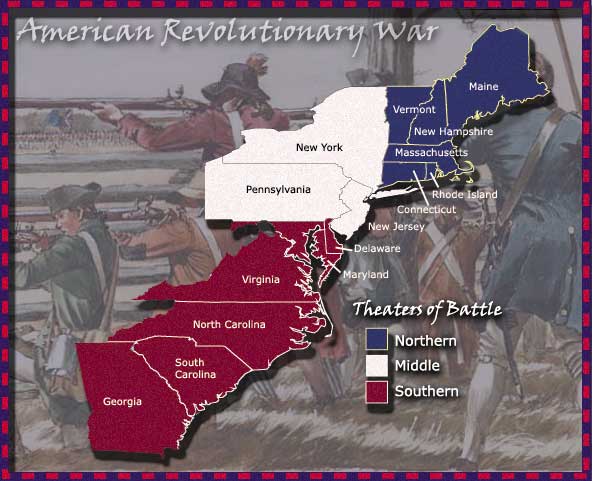 Map showing the 3 American Revolutionary War Theaters of Battle