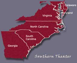 map graphic showing states in the Southern theater of battle-click to go to full map