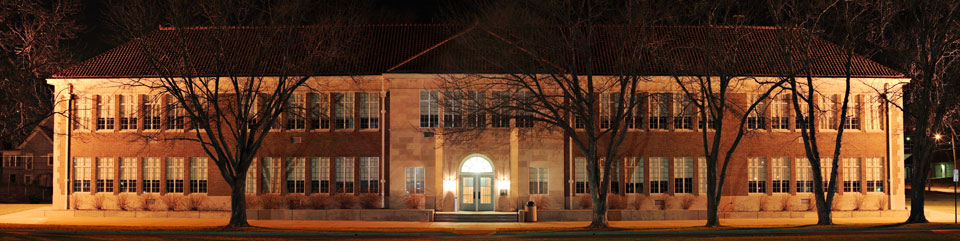 Exterior of Brown v. Board of Education NHS, the former Monroe Elementary School, at night.