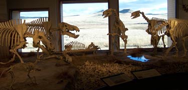 Diorama in visitor center with fossil hills in background.