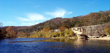 Up river view of Skull Rock on peaceful Buffalo National River.