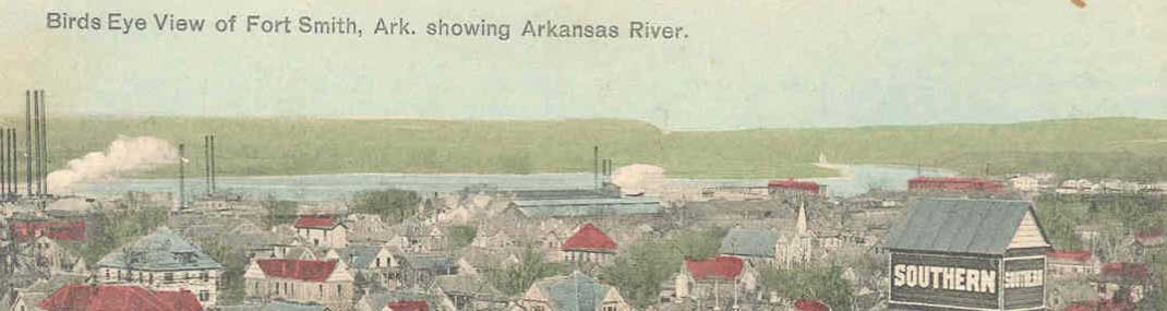 view of Arkansas River on old postcard of downtown Fort Smith