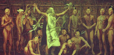 Objects found during excavations at Mound City Group provided the basis for this illustration of a Hopewell ceremony.
