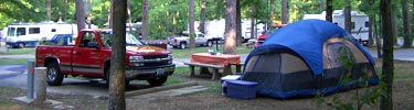 campsite with bright blue dome tent on right, red pickup truck on pad on left; several rvs in background