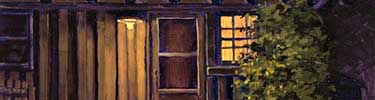 dark painting of outside door with yellow light shining through, window on right with light shining through and yellow porch light on left