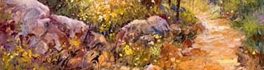 painting of trail with gray and brown boulders and small yellow flowers on the left and the brown surfaced trail on the right
