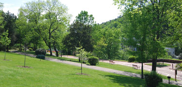 Grassy slope transversed by asphalt path with brick promenade below. Trees line path; park benches along promenade
