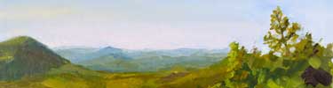 painting of mountain overlook with green tree on right, green mountains in foreground, blue-green mountains in background, pink to blue sky