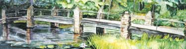 painting of bridge across creek with white water lilies in front right; bridge is gray, built on stone pylons.