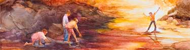 fall painting of kids playing in creek, three standing on gray rock on left side and one on rock in the middle of the creek, on the right.