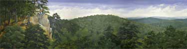 painting of Goat Rock on left and the mountainside in shades of green