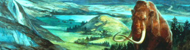 In this illustration, a mammoth travels through the glacial landscape.