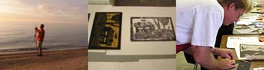 composite of 3 images showing artist and samples of his work