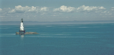 Rock of Ages Lighthouse view from the air on a clear sunny day.