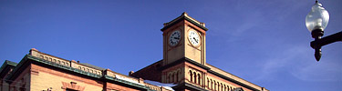 The clock tower on the Calumet Theatre.