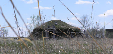 Earthlodge view through grass