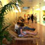 Open room with wooden cots on left with people lounging; others at other end of the room are standing informally.