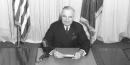 President Truman announcing victory in Europe. Credit: Truman Library.