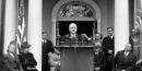 President Truman speaking at the home of former President Franklin D. Roosevelt. Credit: Truman Library