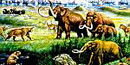 Artists rendition of an ice age landscape populated by mammoths.