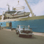 Ranger III at the dock in Houghton, Michigan loading a private boat from a visitors trailer.