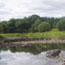 River and shoreline with exposed rocks in the foreground