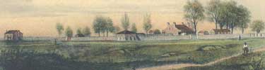detail of postcard showing old fort with quartermaster building and powder magazine