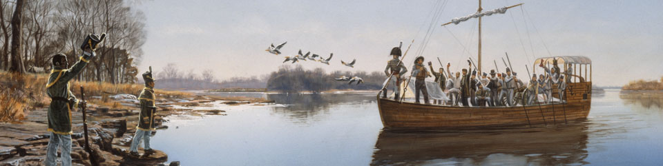 Rifle Regiment arriving at Belle Point, 1817. Artwork by Michael Haynes
