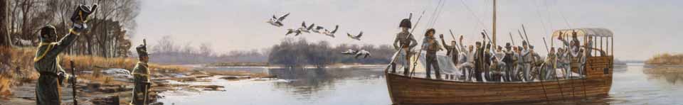Rifle Regiment arriving at Belle Point, 1817. Artwork by Michael Haynes