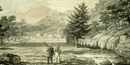 copy of lithograph from a publication showing the valley of the hot springs with Hot Springs Creek on the right and two men in the foregroun copy of lithograph from a publication showing the valley of the hot springs with Hot Springs Creek on the right and two men in the foregroun