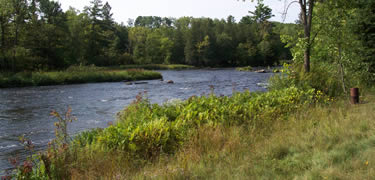 Below the dam at Gordon, WI the river is still narrow with a touch of fall