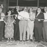 Dedication of Monument Visitor Center – July 1958 (L to R) Pipestone National Monument Superintendent Paul L. Webb, Bea Burns, U.S. Senator Edward Thye, National Park Service Director Conrad Wirth, Lieutenant Governor Karl Rolvaag, U. S. Representative H.
