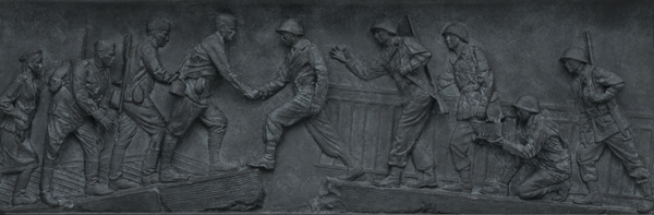 Soviet and U.S. troops meet in this bas relief panel at the World War II Memorial
